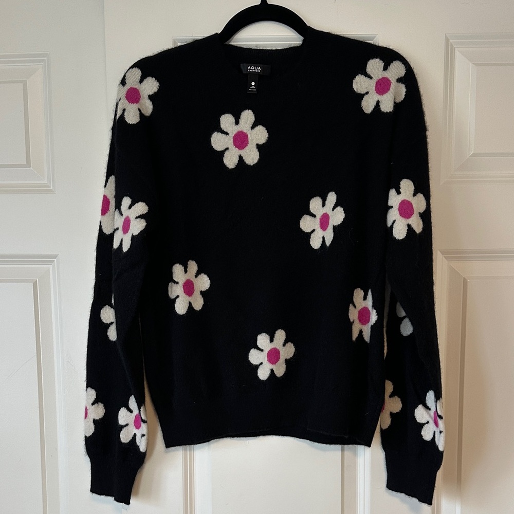 Aqua 100% Cashmere Black Sweater with Floral Design